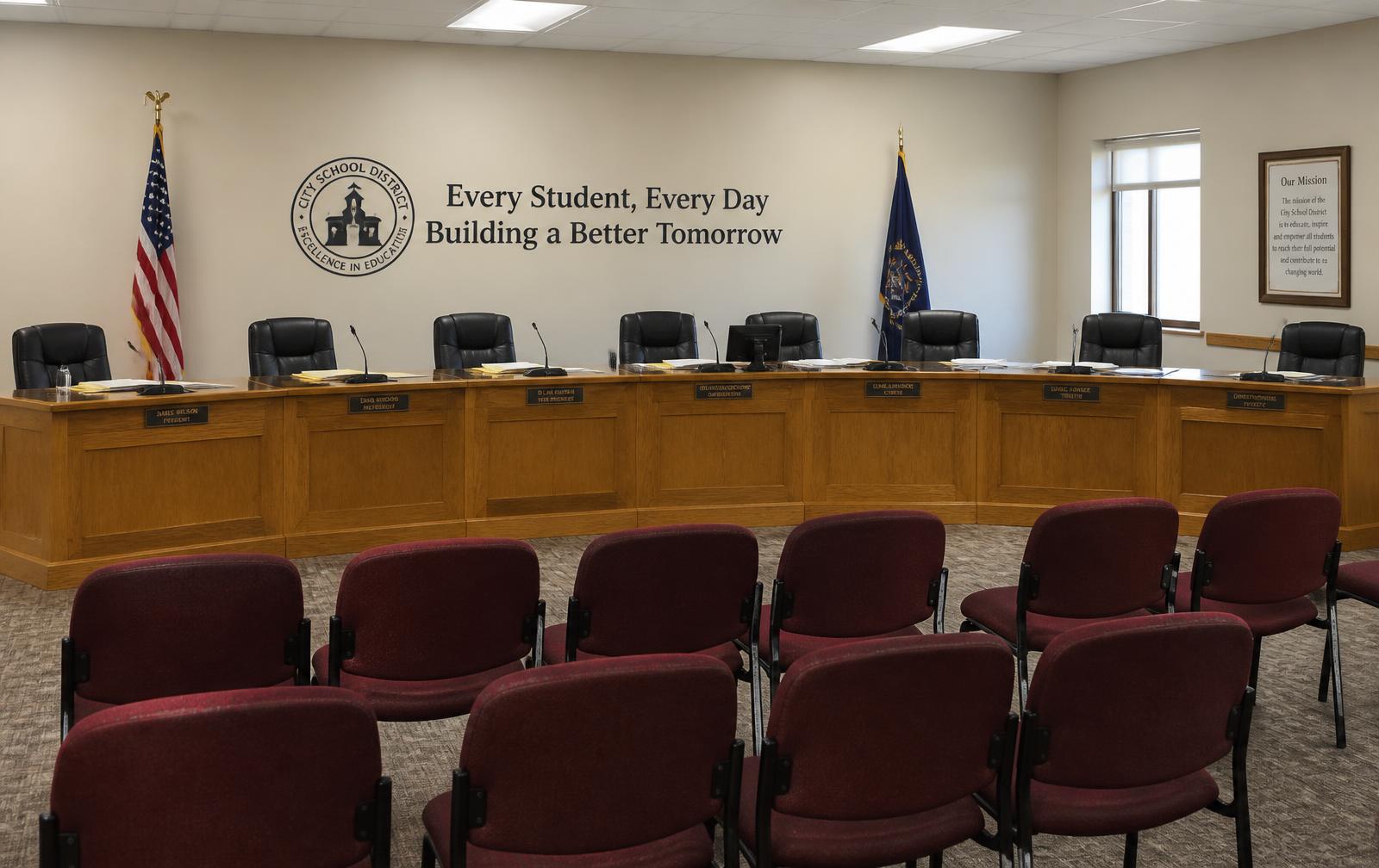 Empty school board meeting room with a wooden dais, microphones, and flags